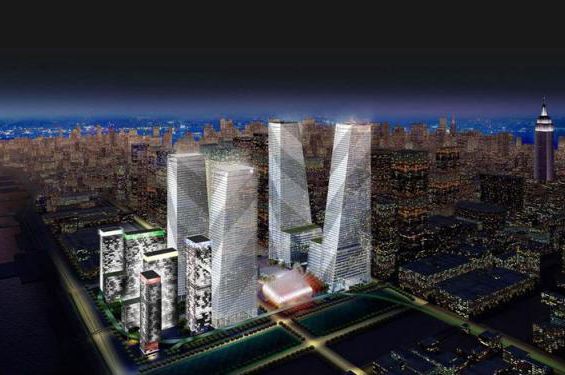 Tishman Speyer's rendering of what the 26 acres of Hudson Yards will look like at night.